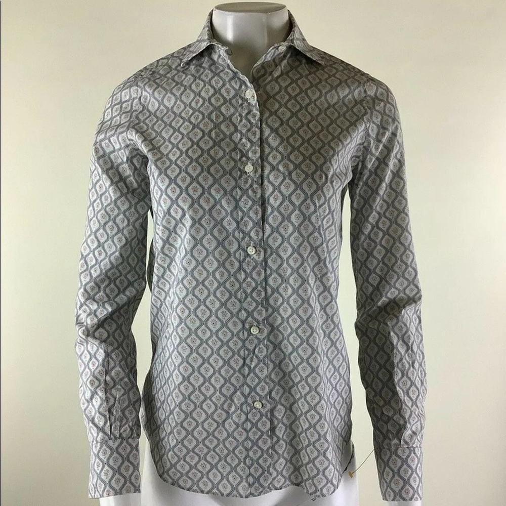 Ann Mashburn Sz XS All Over Floral Print Button Top Pink Blue 100% Cotton